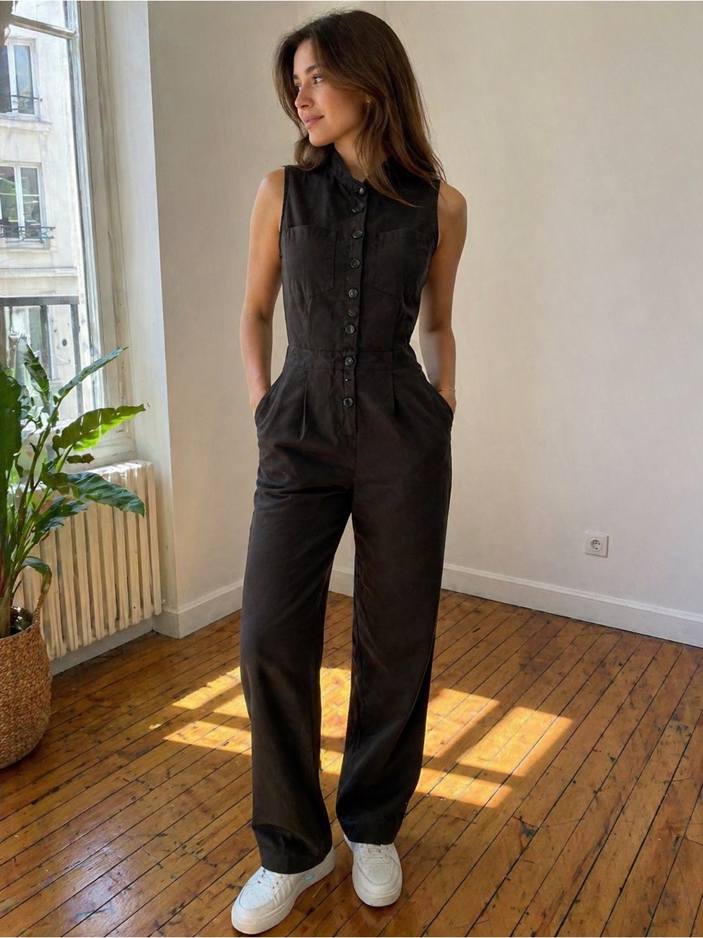 Sleeveless Button-Front Jumpsuit in green dark